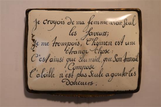 An enamel snuff box with gilt metal mounts, German, mid 18th century, width 3.25in.